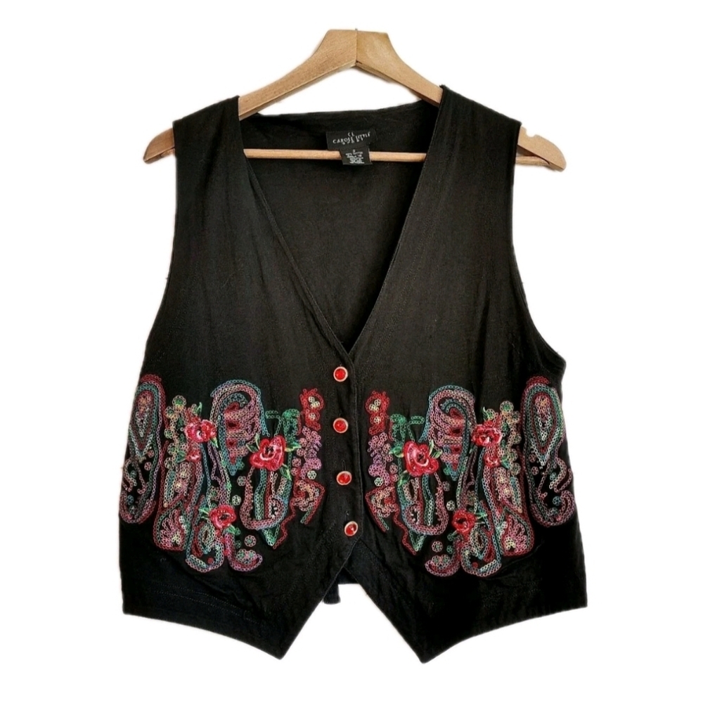 Vintage Beaded Paisley Embroidered Vest Womens Size S Black Boho Retro